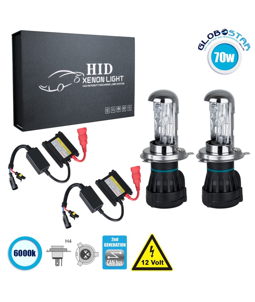 GloboStar® 84102 H4 CB Line KIT Βασικού Φωτισμού Αυτοκινήτου & Μοτοσυκλέτας 2nd Generation Can-Bus Series Bi-XENON 70W 6400lm DC 9-16V Αδιάβροχο IP65 Ψυχρό Λευκό 6000K